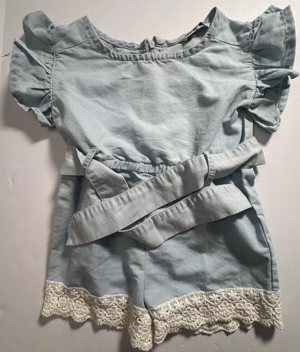 Kensie Girl Toddler Girls 2T Blue Romper Chambray Crochet Lace Belted
